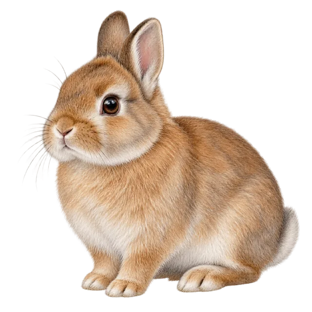 Watercolor-style illustration of netherland dwarf rabbit with a small brown body and upright ears