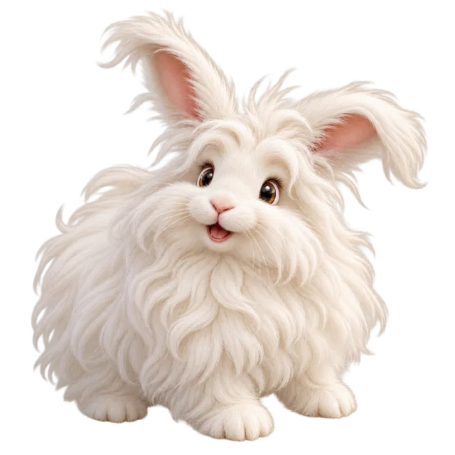 3D-style character illustration of english angora rabbit with long fluffy white fur