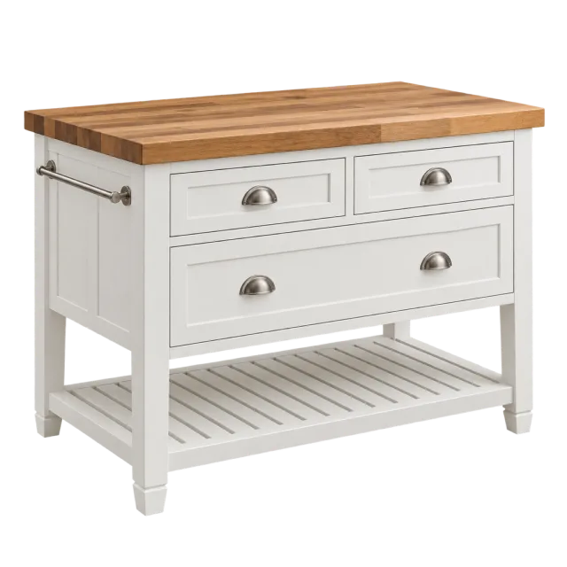 A white kitchen island with a wood countertop, drawers and a slatted lower shelf
