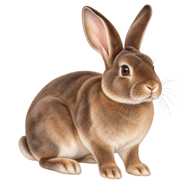 Watercolor-style illustration of mini rex rabbit with short brown fur and tall ears