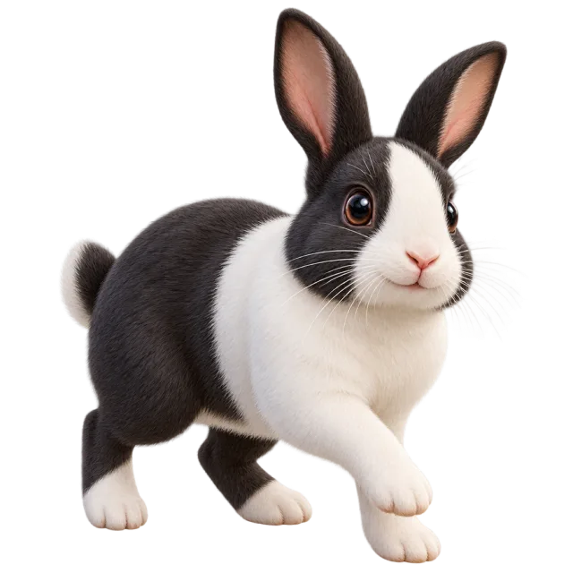 3D-style character illustration of dutch rabbit with black and white fur with upright ears and a raised front paw