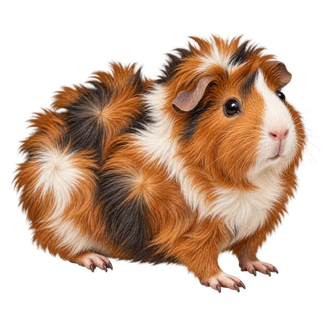 Watercolor-style illustration of abyssinian guinea pig with ruffled brown and white fur