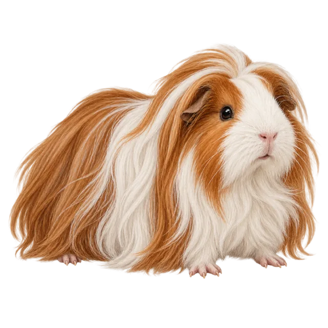 Watercolor-style illustration of peruvian guinea pig with long flowing tan and white fur