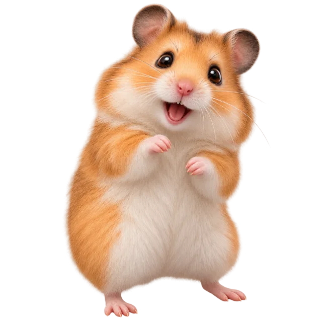 3D-style character illustration of syrian hamster with golden fur, a white belly and small pink paws