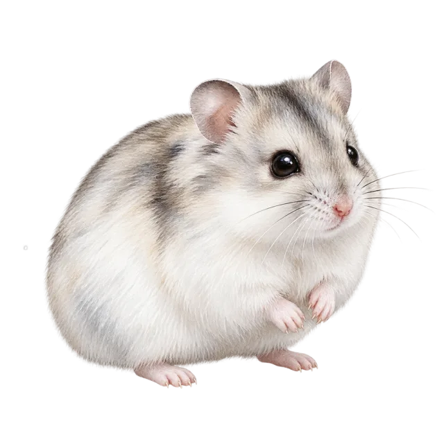 Watercolor-style illustration of winter white dwarf hamster with pale gray and white fur with a dark back stripe