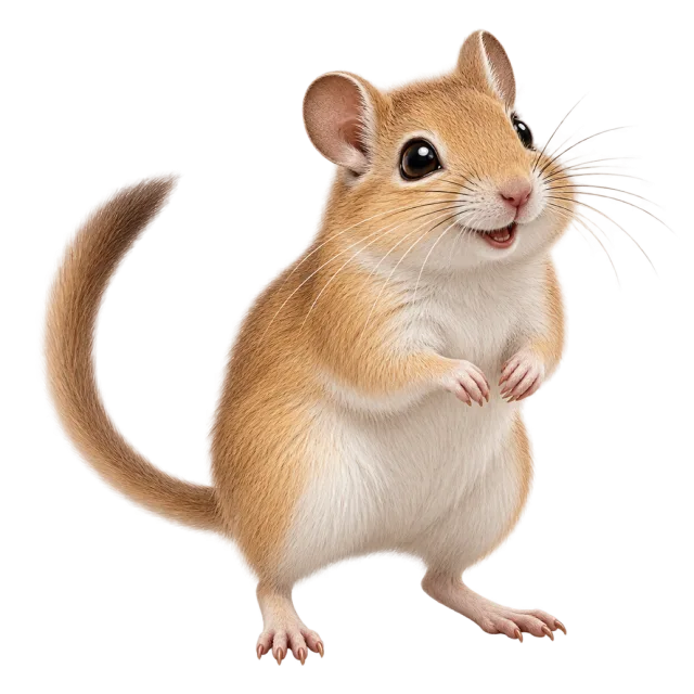 3D-style character illustration of gerbil with sandy fur and a long tail