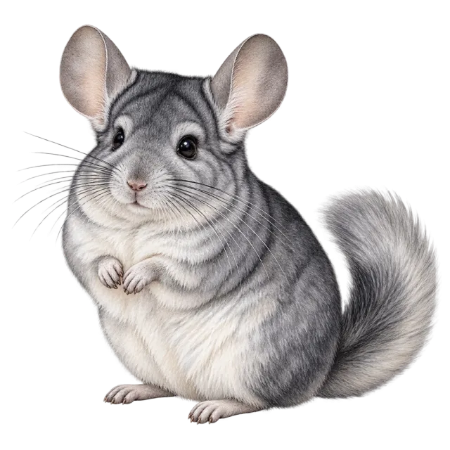 Watercolor-style illustration of chinchilla with soft gray fur, large ears and a bushy tail