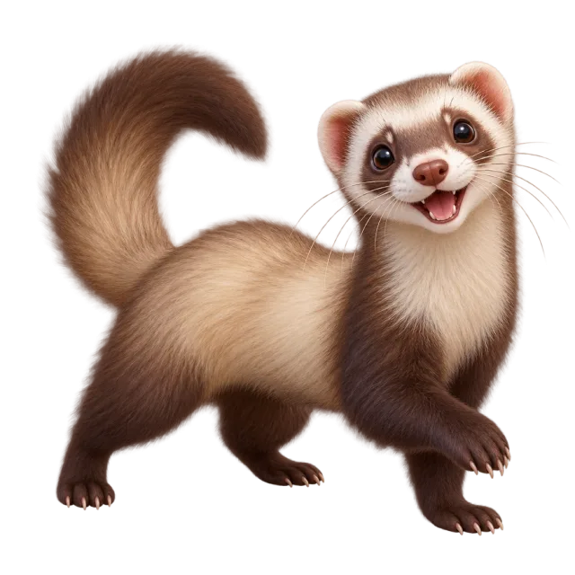 3D-style character illustration of ferret with cream and dark brown fur with facial markings