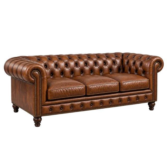A brown leather-look sofa with deep button tufting and rolled arms