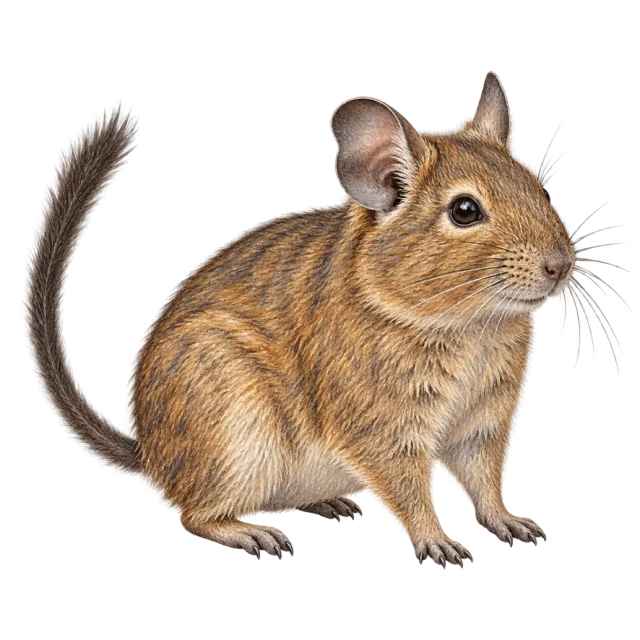 Watercolor-style illustration of degu with brown fur and a long tufted tail