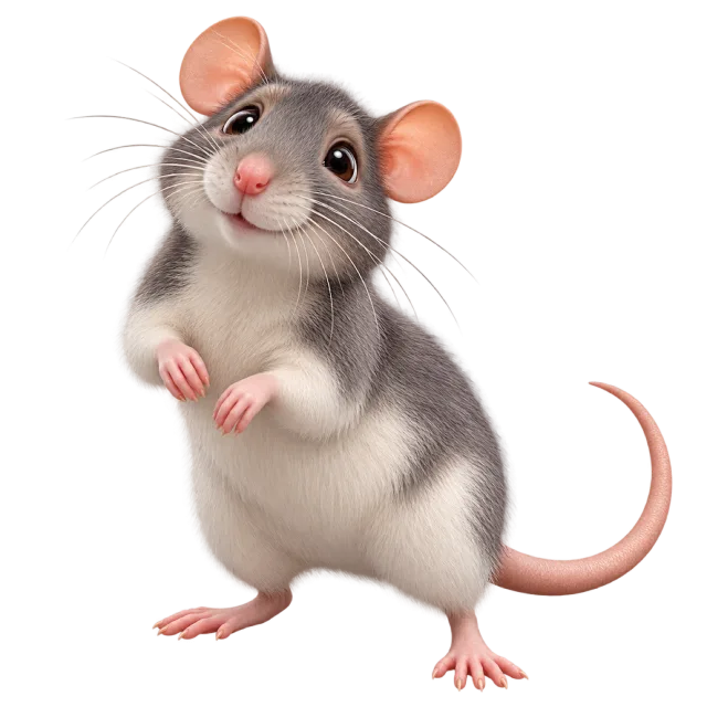 3D-style character illustration of fancy pet rat with a pale belly, rounded ears and a long bare tail