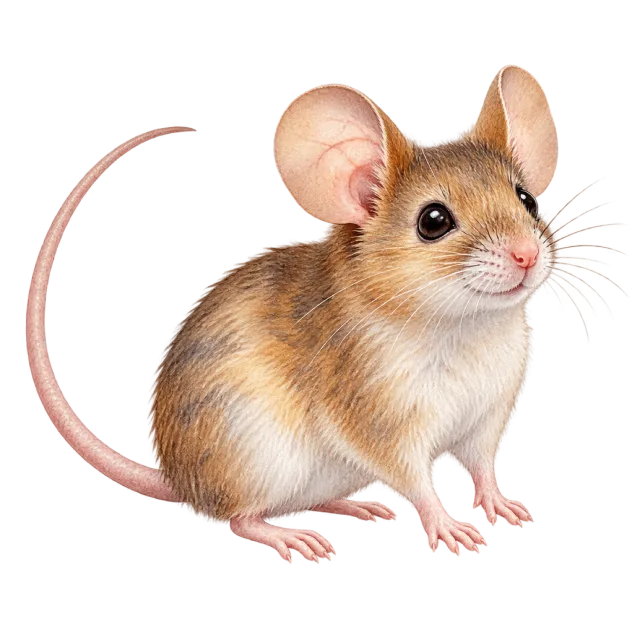 Watercolor-style illustration of fancy pet mouse with brown and white fur, rounded ears and pink paws