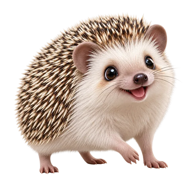 3D-style character illustration of african pygmy hedgehog with brown spines and a pale face
