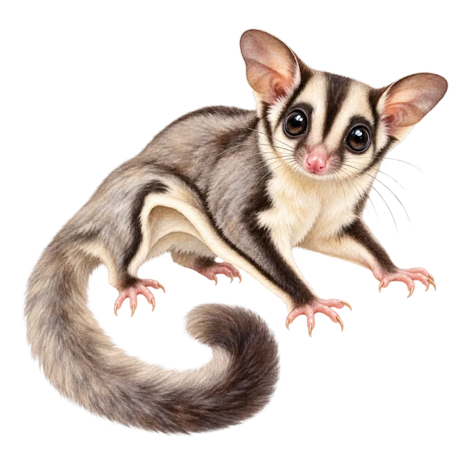 Watercolor-style illustration of sugar glider with gray fur, large dark eyes and a long tail