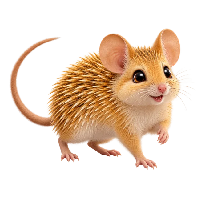 3D-style character illustration of golden spiny mouse with golden-brown spiny fur and rounded ears