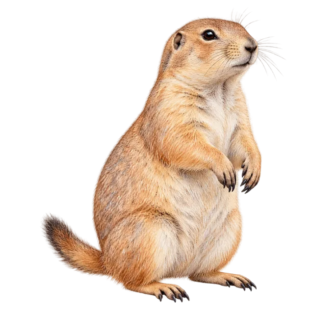 Watercolor-style illustration of prairie dog with tan fur with small forepaws held near the chest