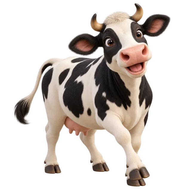 3D-style character illustration of holstein cow with black patches on white fur