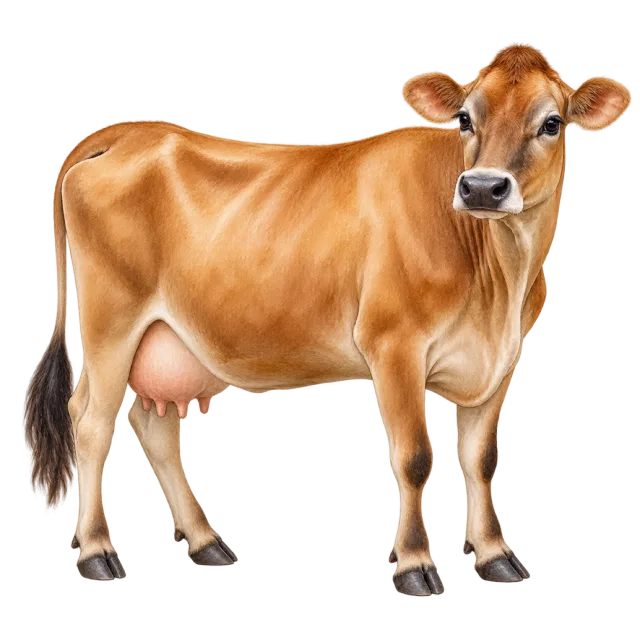 Watercolor-style illustration of jersey cow with short warm brown fur