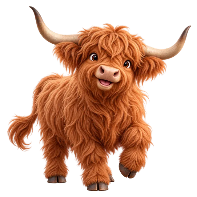 3D-style character illustration of highland cow with long reddish fur and wide curved horns