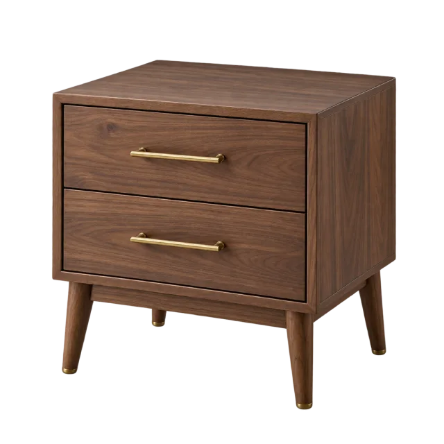 A compact dark wood bedside table with two drawers and gold-colored handles