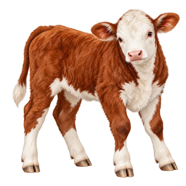 Watercolor-style illustration of hereford calf with reddish-brown fur with a white face