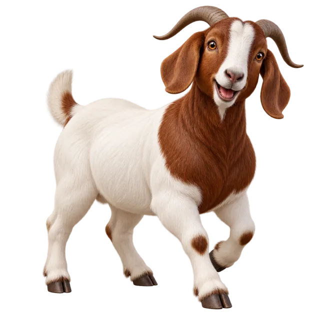 3D-style character illustration of boer goat with a brown head, white body and drooping ears