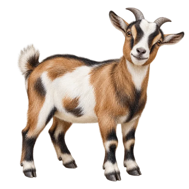 Watercolor-style illustration of nigerian dwarf goat with brown, black and white patches