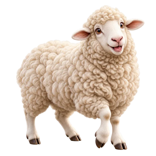 3D-style character illustration of merino sheep with thick cream fleece