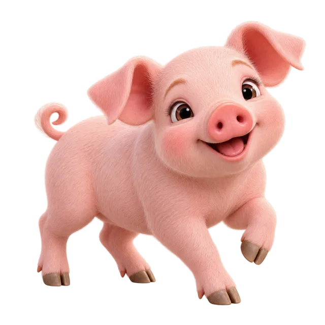 3D-style character illustration of pink domestic piglet with pink skin and a curled tail and one leg raised