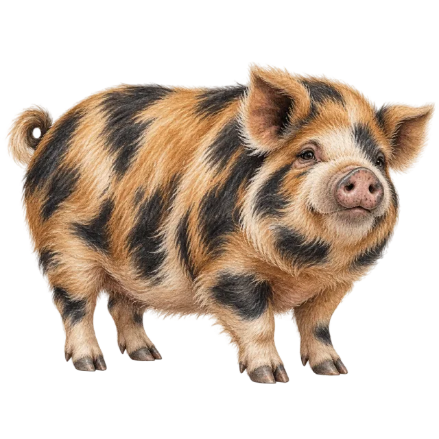 Watercolor-style illustration of kunekune pig with shaggy black and tan patches