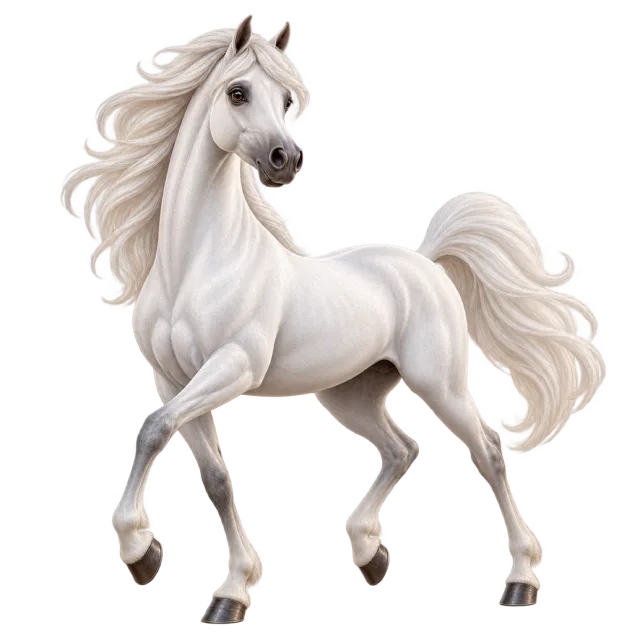 3D-style character illustration of arabian horse with a pale coat and flowing mane and one foreleg lifted