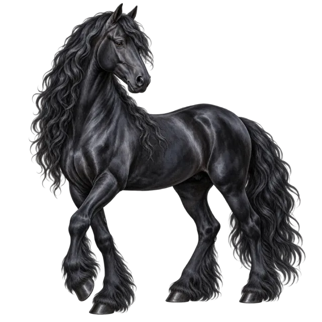 Watercolor-style illustration of friesian horse with a black coat with a long mane