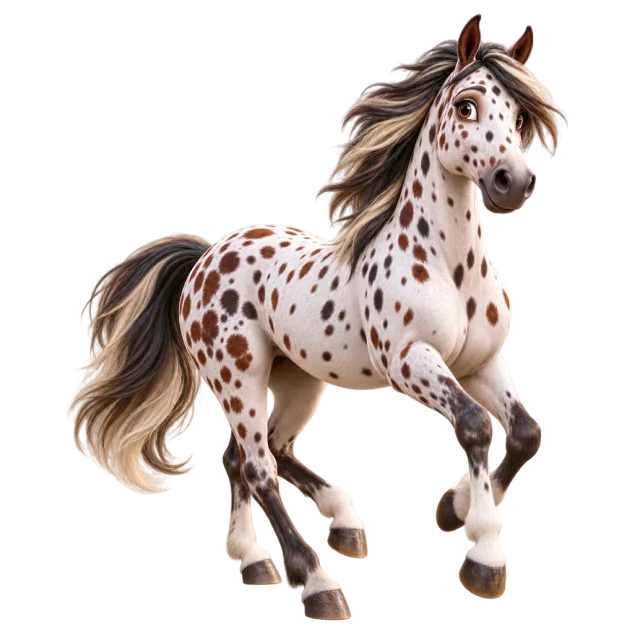 3D-style character illustration of appaloosa horse with brown spots on a pale coat