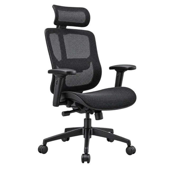 A black office chair with a mesh back, headrest, armrests and wheeled base
