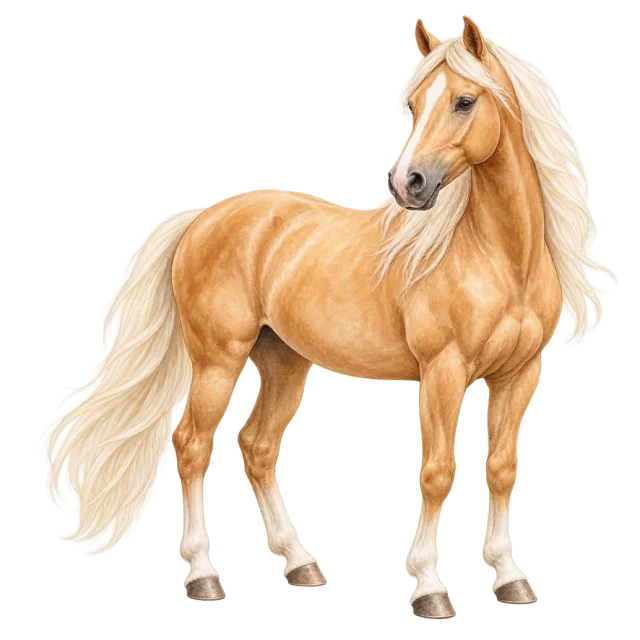 Watercolor-style illustration of palomino horse with a golden coat and pale mane