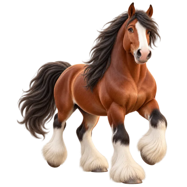 3D-style character illustration of clydesdale horse with a brown body and white feathering around the hooves and one foreleg lifted