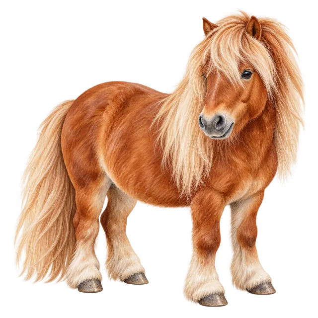 Watercolor-style illustration of shetland pony with a thick mane and compact body