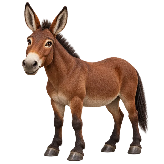 3D-style character illustration of brown mule with brown fur, long ears and a dark mane