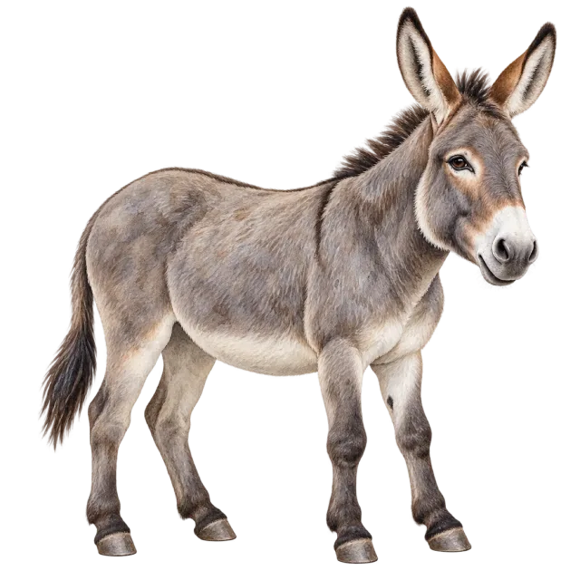 Watercolor-style illustration of grey donkey with gray fur and long upright ears
