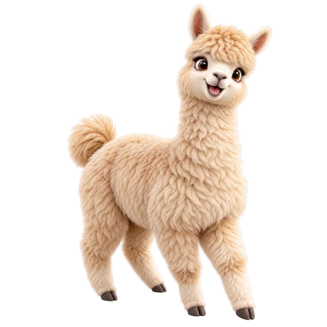 3D-style character illustration of alpaca with soft tan wool and a long neck
