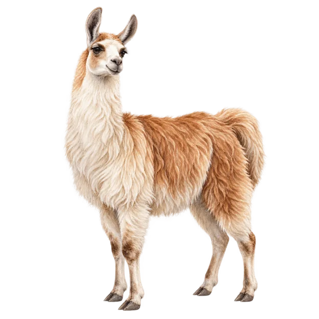 Watercolor-style illustration of llama with brown and white wool with a long neck