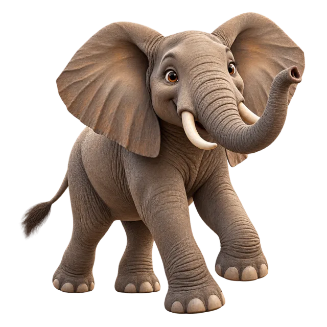 3D-style character illustration of african elephant with large ears and a long gray trunk and a raised trunk