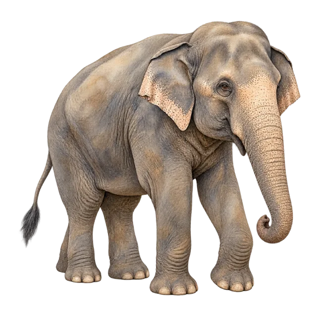 Watercolor-style illustration of asian elephant with rounded ears and wrinkled gray skin