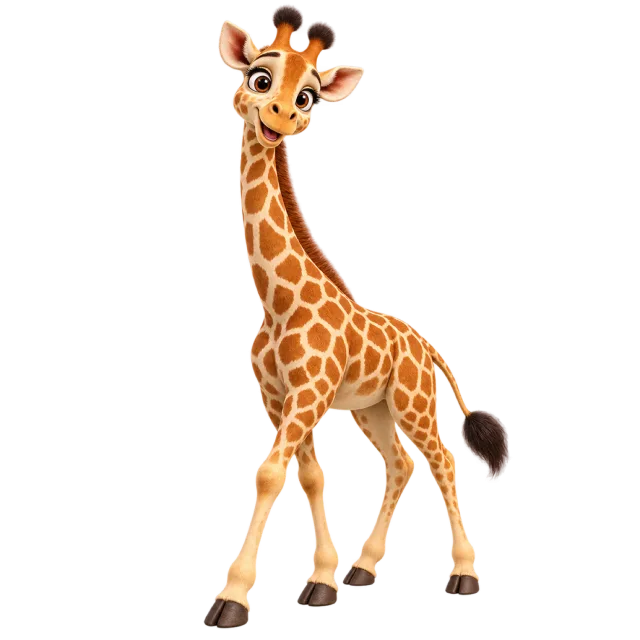 3D-style character illustration of giraffe with a long neck and brown patterned patches