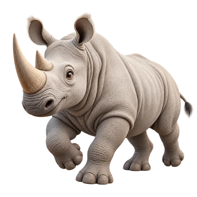 3D-style character illustration of white rhinoceros with gray folded skin and two horns and a raised front foot