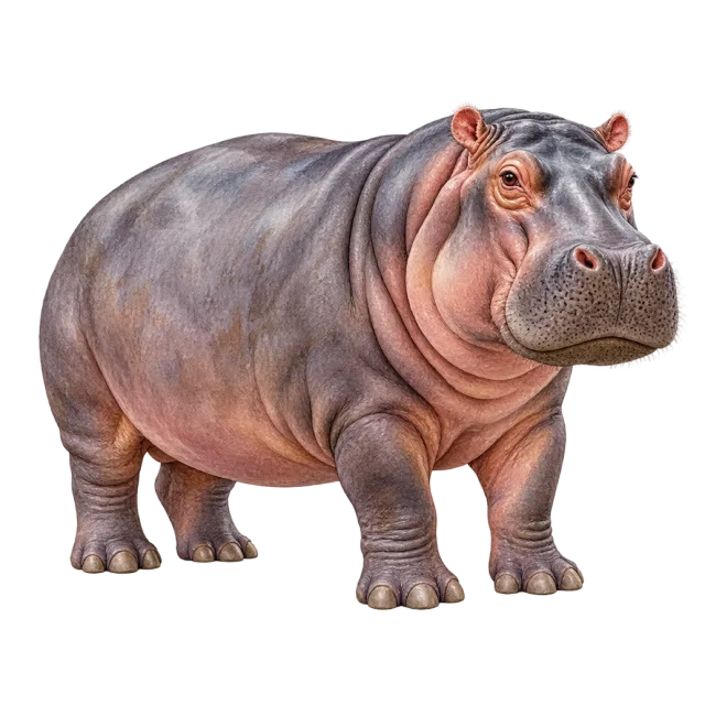 Watercolor-style illustration of hippopotamus with a broad body and rounded ears