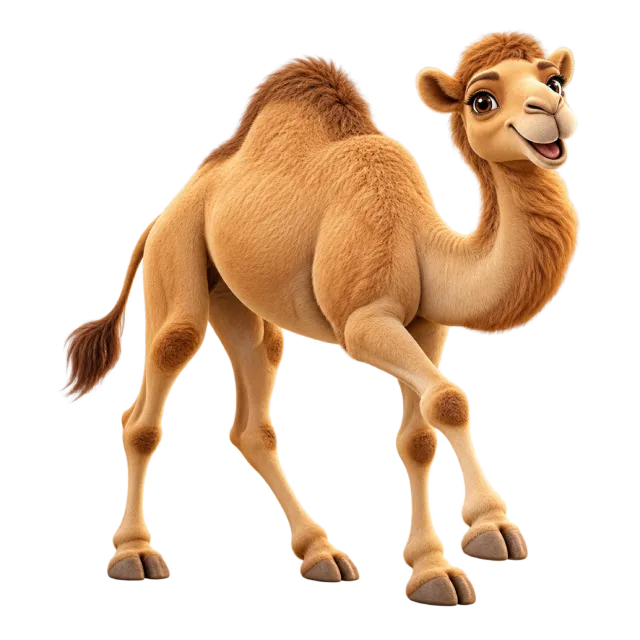 3D-style character illustration of dromedary camel with one hump and long legs and one foreleg lifted