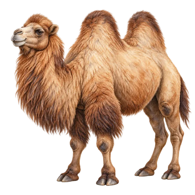 Watercolor-style illustration of bactrian camel with two humps and shaggy brown fur