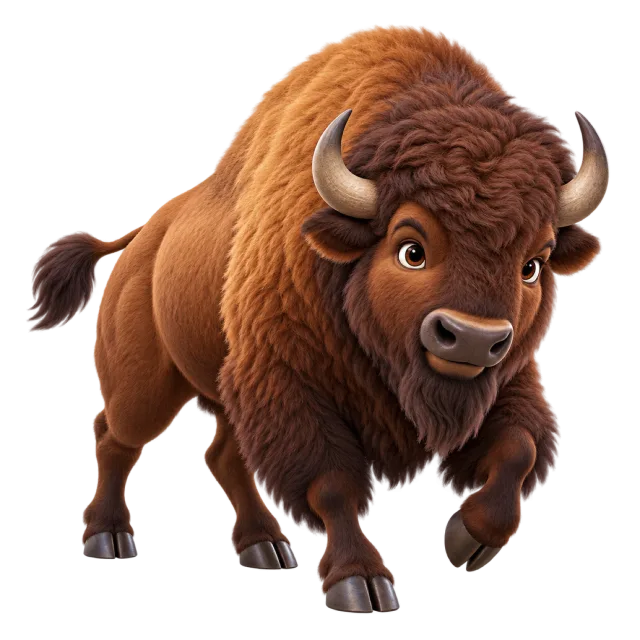 3D-style character illustration of american bison with a heavy brown mane and curved horns