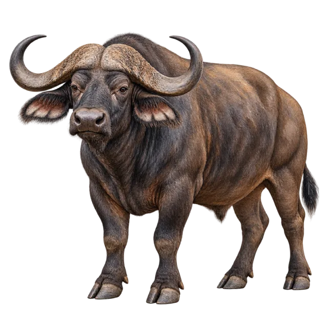 Watercolor-style illustration of african buffalo with a dark coat and broad curved horns